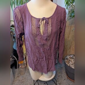 Purple Crinkled Daniel Rainn Tie Neck Boho Modified Cropped Style Sz Lg